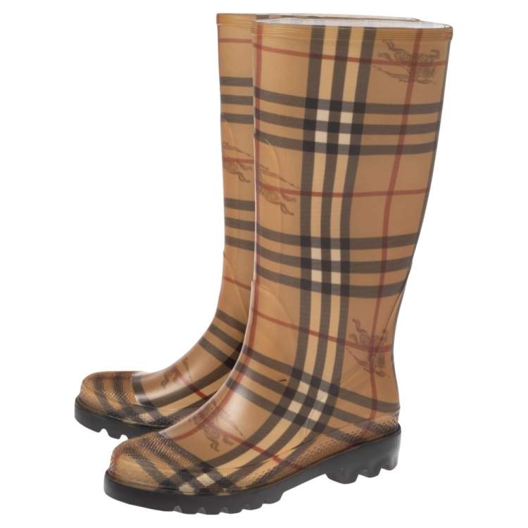 Pre Owned Burberry Beige House Check Rubber Rain Boots Size 36