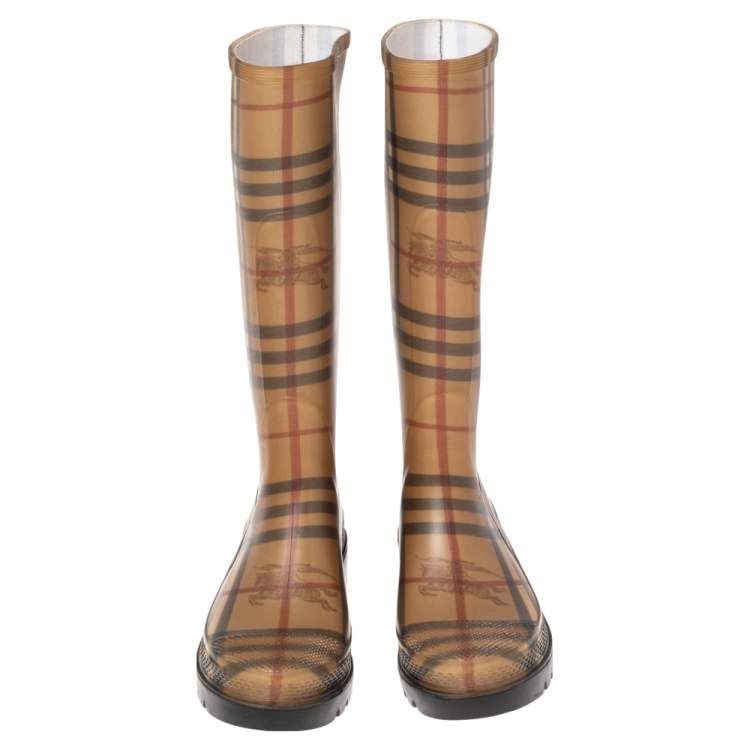 Pre Owned Burberry Beige House Check Rubber Rain Boots Size 36