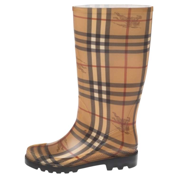 Pre Owned Burberry Beige House Check Rubber Rain Boots Size 36
