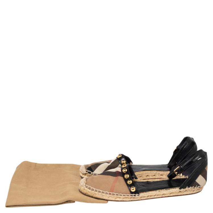 Pre Owned Burberry Black Leather And Nova Check Canvas Abbingdon Studded Espadrille Flats Size 39