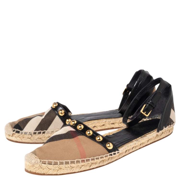 Pre Owned Burberry Black Leather And Nova Check Canvas Abbingdon Studded Espadrille Flats Size 39