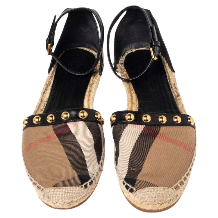 Pre Owned Burberry Black Leather And Nova Check Canvas Abbingdon Studded Espadrille Flats Size 39