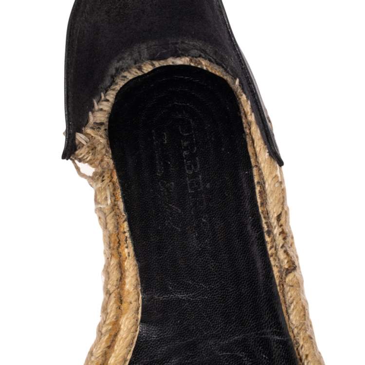 Pre Owned Burberry Black Leather And Nova Check Canvas Abbingdon Studded Espadrille Flats Size 39