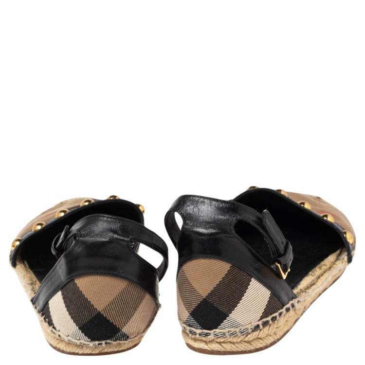 Pre Owned Burberry Black Leather And Nova Check Canvas Abbingdon Studded Espadrille Flats Size 39