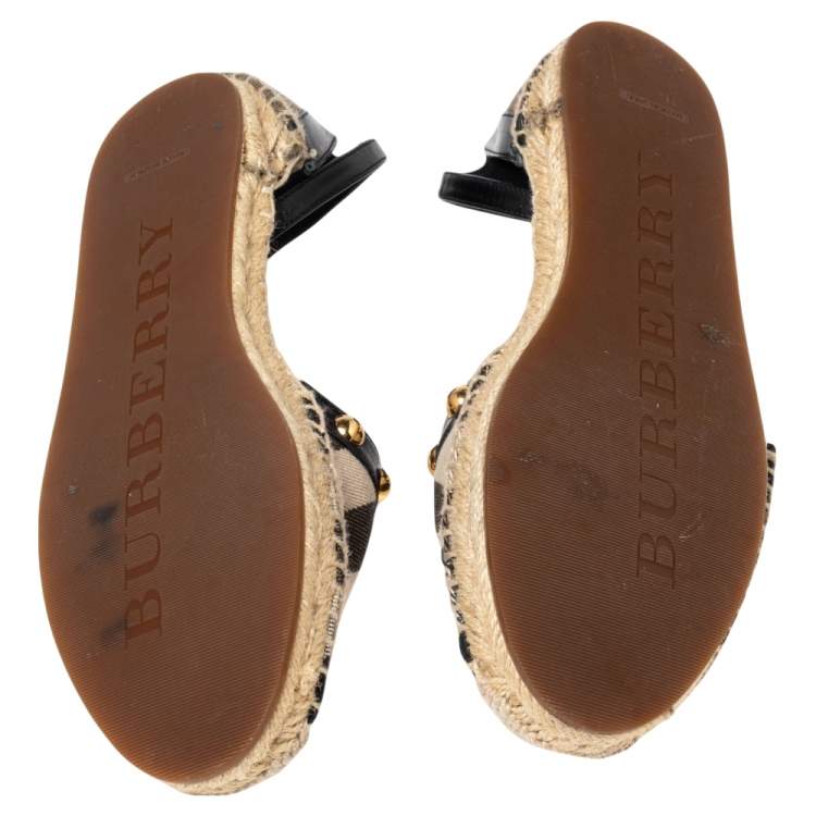 Pre Owned Burberry Black Leather And Nova Check Canvas Abbingdon Studded Espadrille Flats Size 39