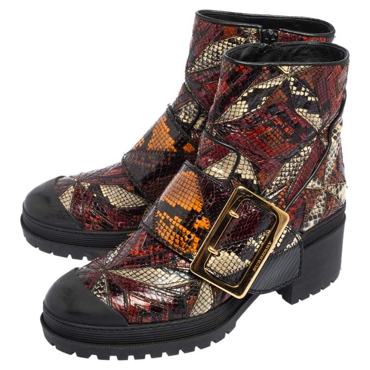 Pre Owned Burberry Multicolor Python Embossed Leather Buckle Detail Combat Boots Size 38
