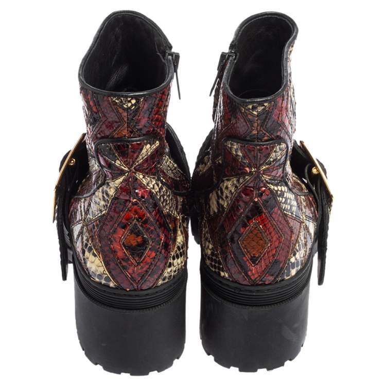 Pre Owned Burberry Multicolor Python Embossed Leather Buckle Detail Combat Boots Size 38