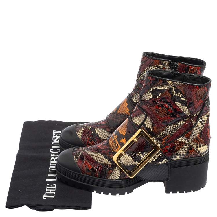 Pre Owned Burberry Multicolor Python Embossed Leather Buckle Detail Combat Boots Size 38