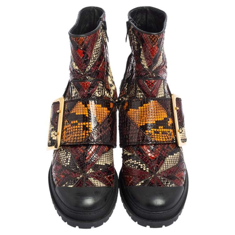 Pre Owned Burberry Multicolor Python Embossed Leather Buckle Detail Combat Boots Size 38