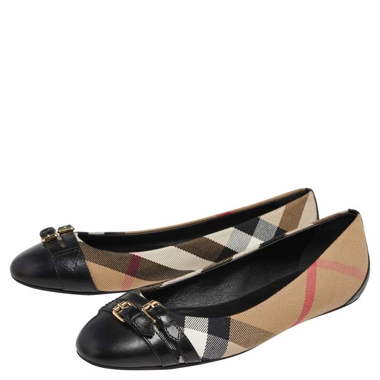 Pre Owned Burberry Black/Beige Leather And Nova Check Canvas Buckle Detail Ballet Flats Size 39