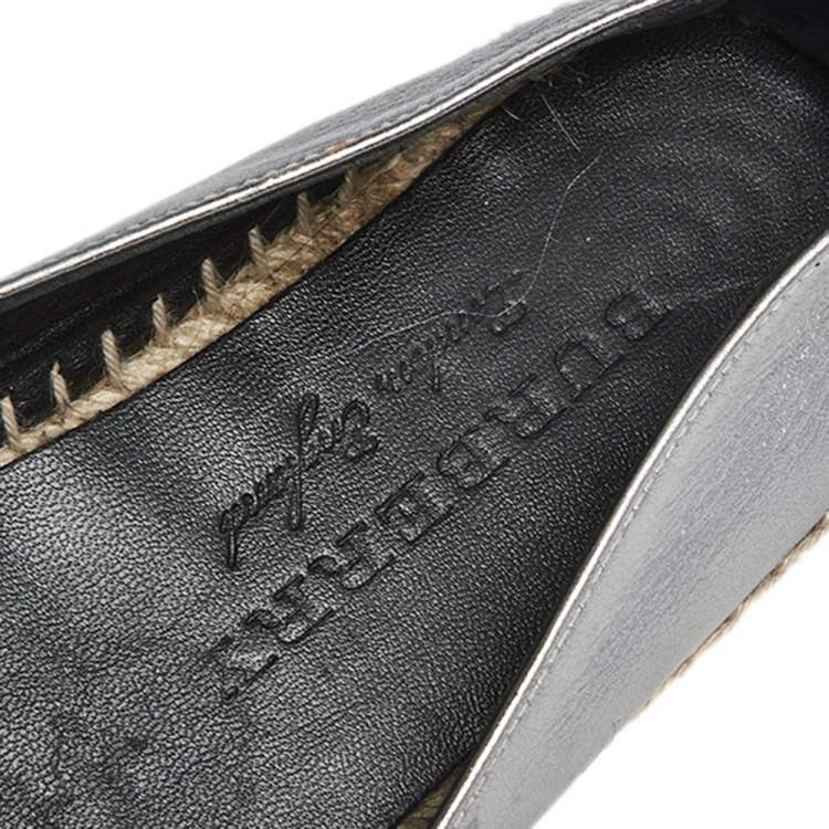 Pre Owned Burberry Silver Leather And Check Canvas Espadrilles Flats Size 36.5