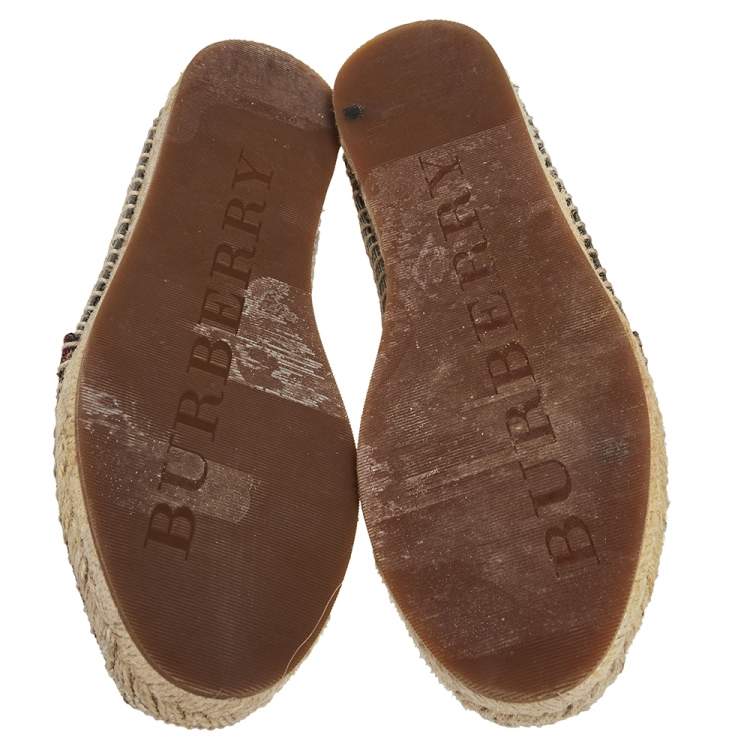 Pre Owned Burberry Silver Leather And Check Canvas Espadrilles Flats Size 36.5