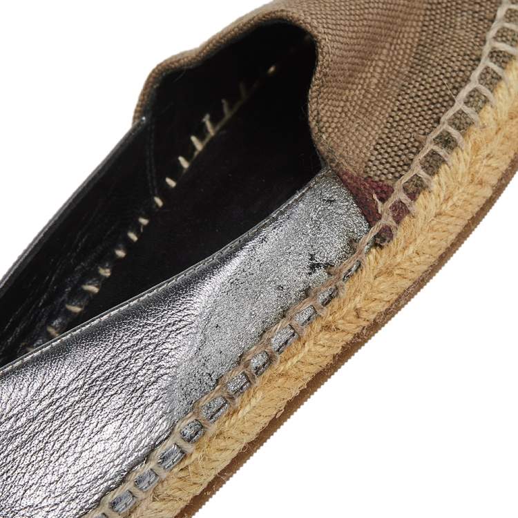 Pre Owned Burberry Silver Leather And Check Canvas Espadrilles Flats Size 36.5