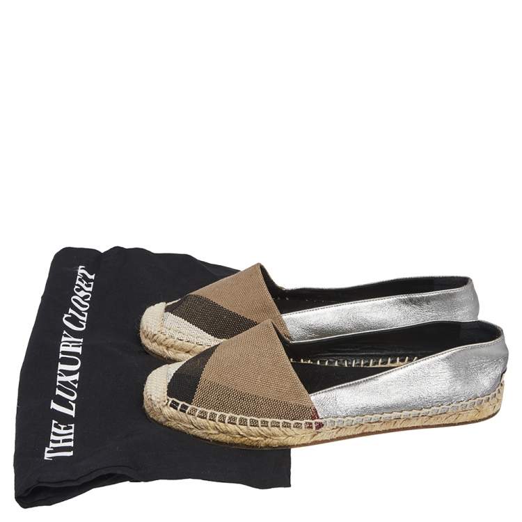 Pre Owned Burberry Silver Leather And Check Canvas Espadrilles Flats Size 36.5