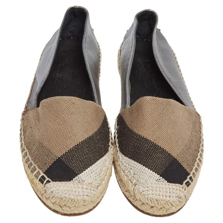 Pre Owned Burberry Silver Leather And Check Canvas Espadrilles Flats Size 36.5