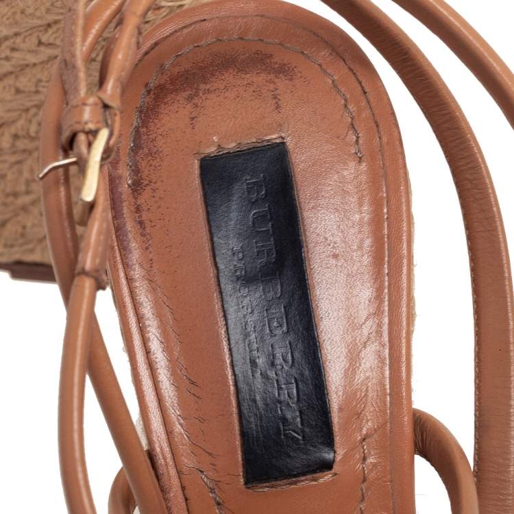 Pre Owned Burberry Tan Strappy Leather Woven Wedge Espadrille Sandals Size 39