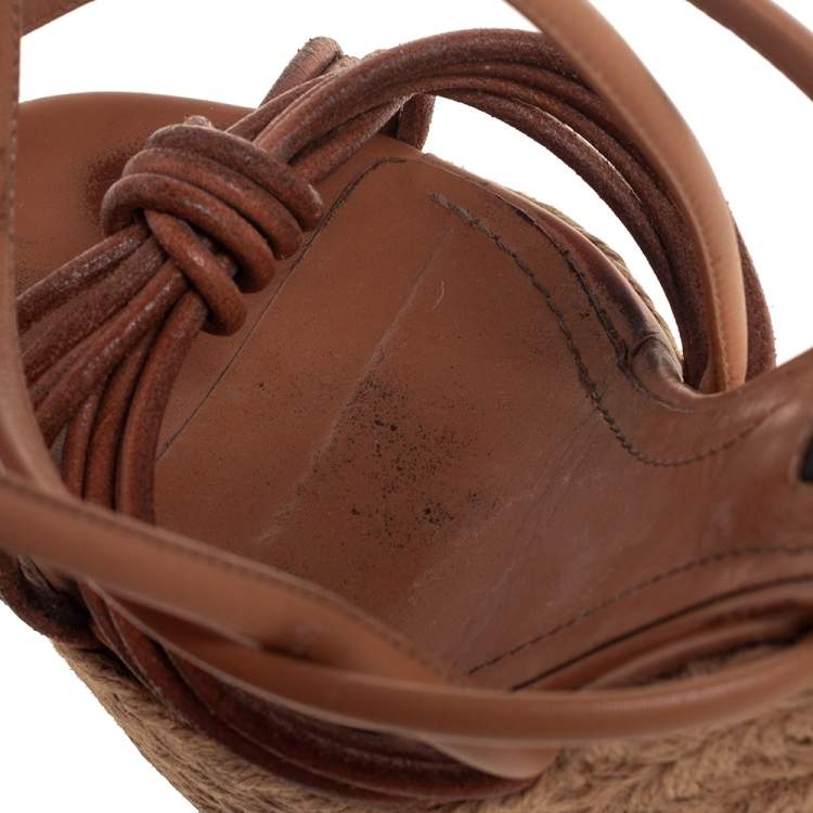 Pre Owned Burberry Tan Strappy Leather Woven Wedge Espadrille Sandals Size 39
