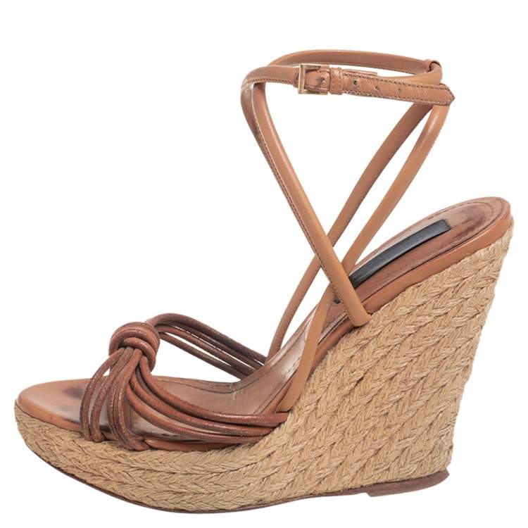 Pre Owned Burberry Tan Strappy Leather Woven Wedge Espadrille Sandals Size 39