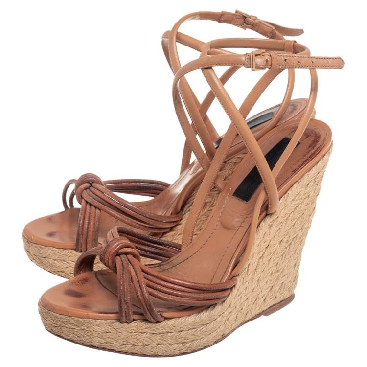 Pre Owned Burberry Tan Strappy Leather Woven Wedge Espadrille Sandals Size 39