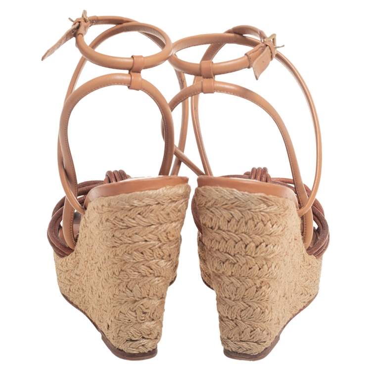 Pre Owned Burberry Tan Strappy Leather Woven Wedge Espadrille Sandals Size 39