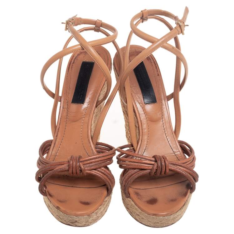 Pre Owned Burberry Tan Strappy Leather Woven Wedge Espadrille Sandals Size 39