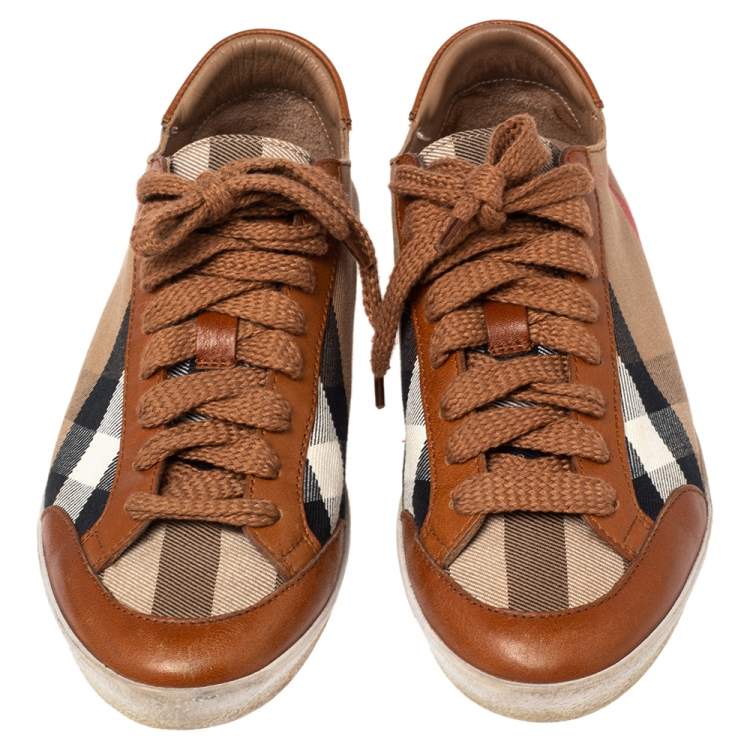 Pre Owned Burberry Brown Nova Check Canvas And Leather Low Top Sneakers Size 39