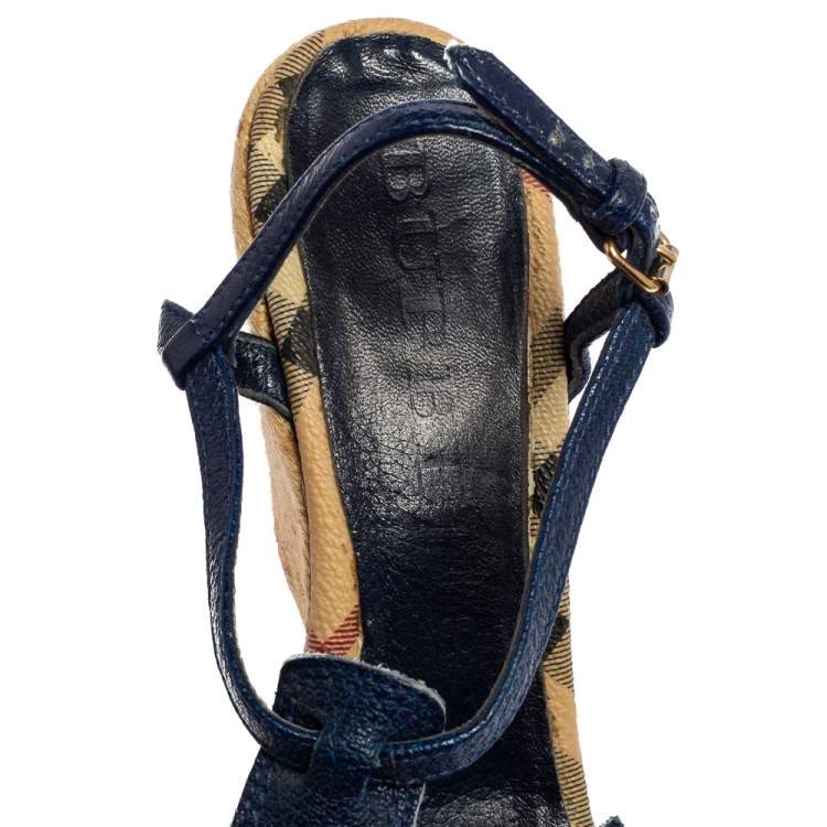 Pre Owned Burberry Blue Leather Espadrille Wedge Sandals Size 38