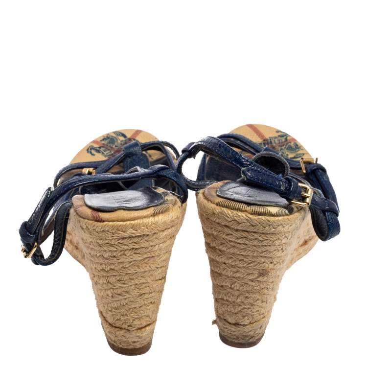 Pre Owned Burberry Blue Leather Espadrille Wedge Sandals Size 38