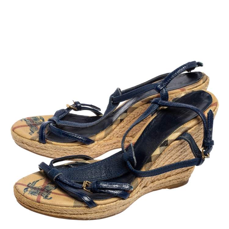 Pre Owned Burberry Blue Leather Espadrille Wedge Sandals Size 38