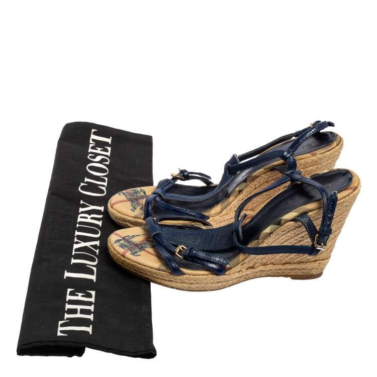 Pre Owned Burberry Blue Leather Espadrille Wedge Sandals Size 38