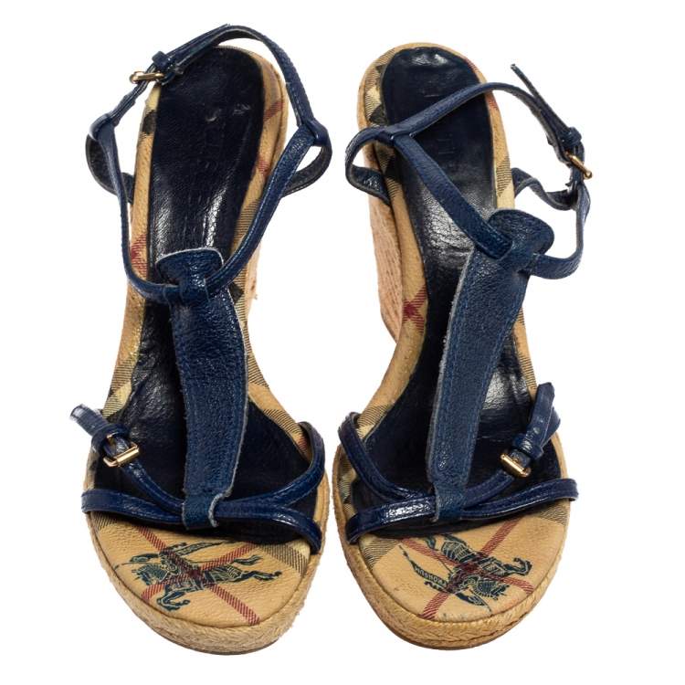 Pre Owned Burberry Blue Leather Espadrille Wedge Sandals Size 38