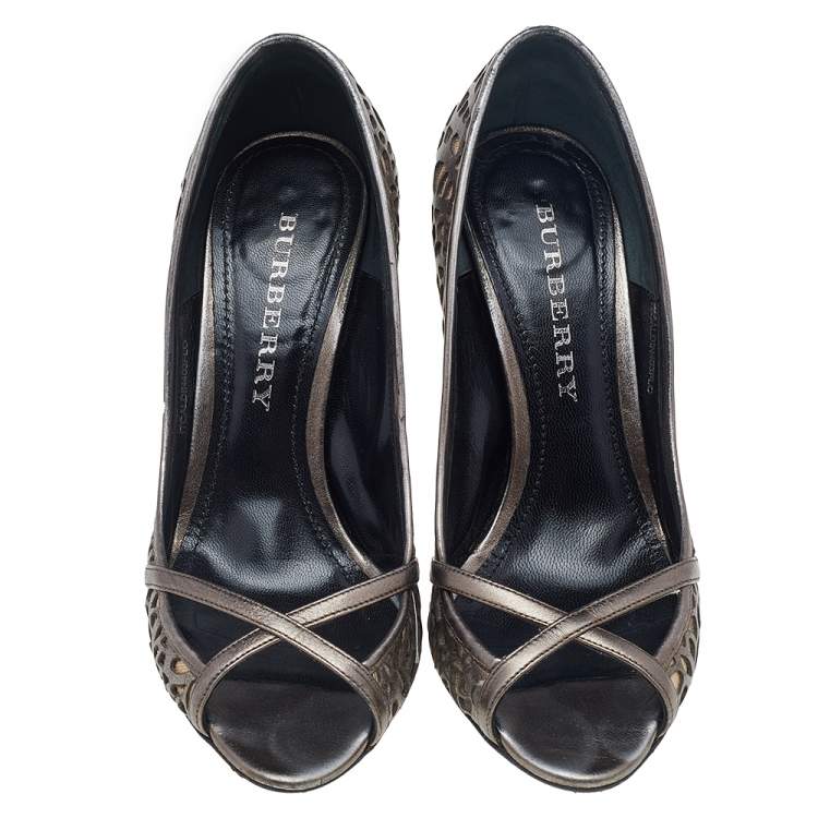 Pre Owned Burberry Metallic Grey Laser Cut Leather And Nova Check Canvas Open Toe Pumps Size 38