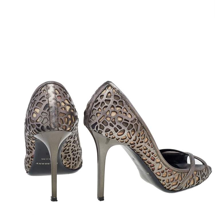 Pre Owned Burberry Metallic Grey Laser Cut Leather And Nova Check Canvas Open Toe Pumps Size 38