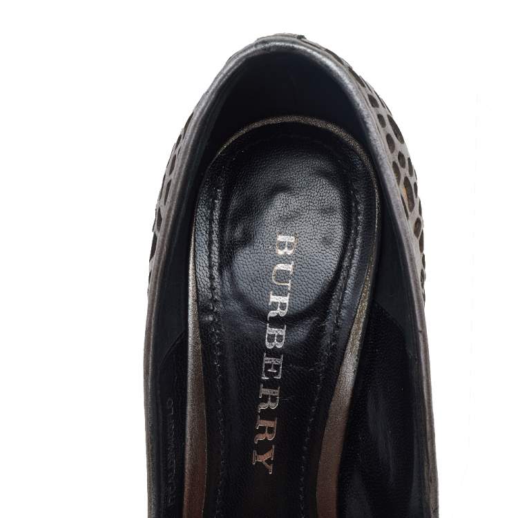 Pre Owned Burberry Metallic Grey Laser Cut Leather And Nova Check Canvas Open Toe Pumps Size 38