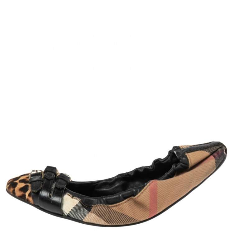 Pre Owned Burberry Black Novacheck Canvas and Leather Buckle Scrunch Ballet Flats Size 36