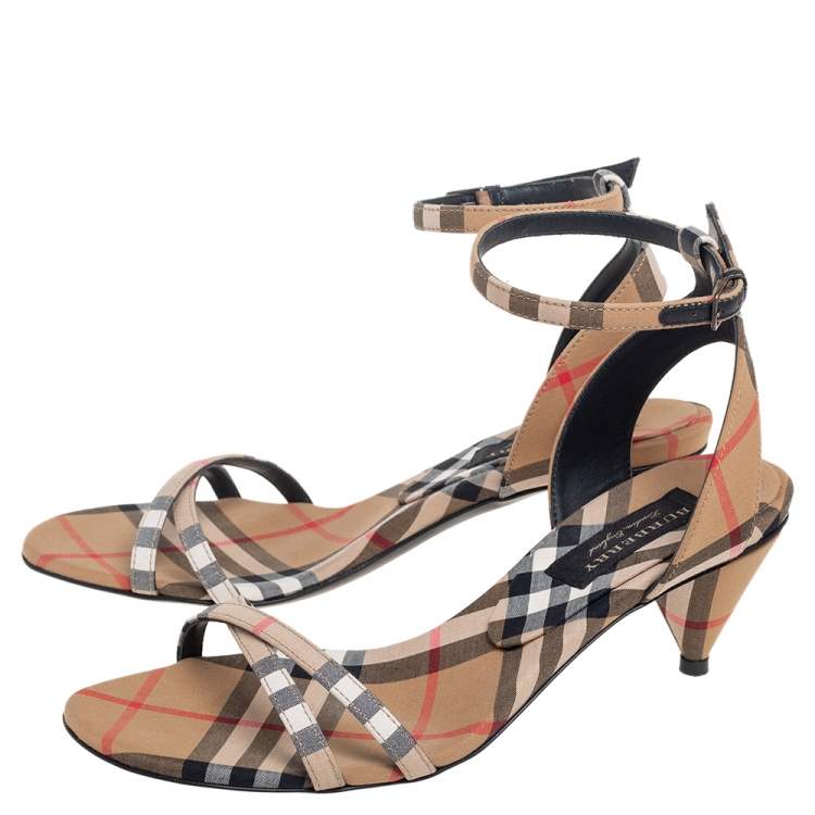Pre Owned Burberry Beige Novacheck Fabric Hansel Cross Strap Cone Heel Sandals Size 35