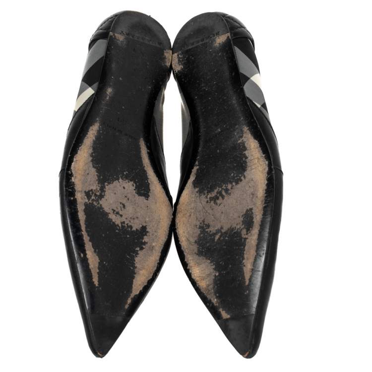 Pre Owned Burberry Black Leather and Novacheck Fabric Pointed Toe Ballet Flats Size 39