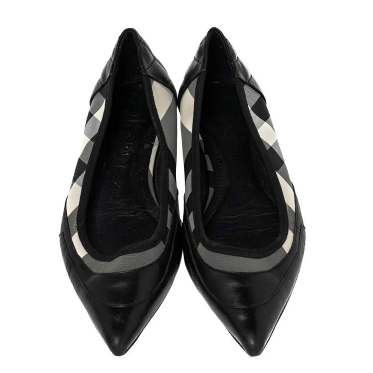 Pre Owned Burberry Black Leather and Novacheck Fabric Pointed Toe Ballet Flats Size 39