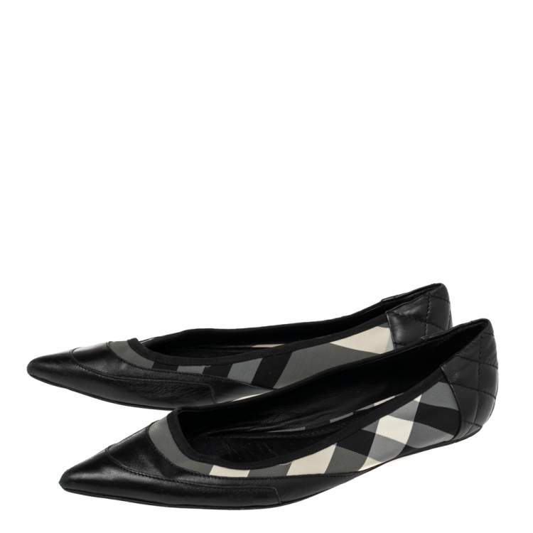 Pre Owned Burberry Black Leather and Novacheck Fabric Pointed Toe Ballet Flats Size 39