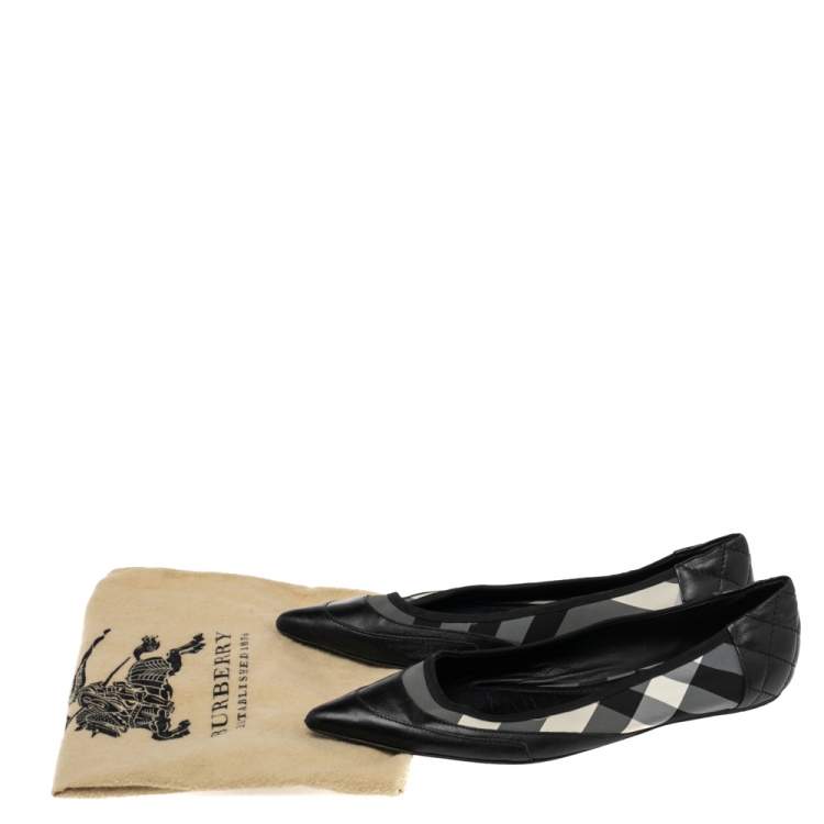 Pre Owned Burberry Black Leather and Novacheck Fabric Pointed Toe Ballet Flats Size 39