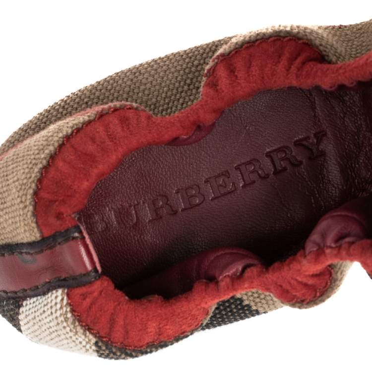 Pre Owned Burberry Red Leather And Nova Check Canvas Scrunch Ballet Flats Size 39