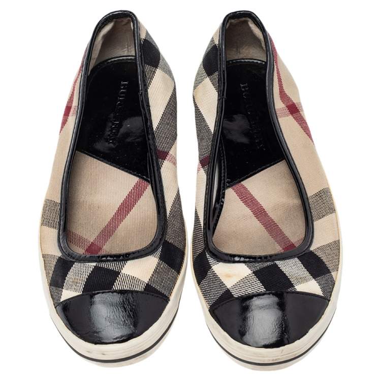 Pre Owned Burberry Multicolor Nova Check Canvas And Patent Leather Cap Toe Ballet Flats Size 39