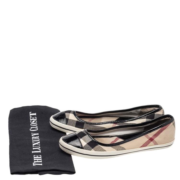 Pre Owned Burberry Multicolor Nova Check Canvas And Patent Leather Cap Toe Ballet Flats Size 39