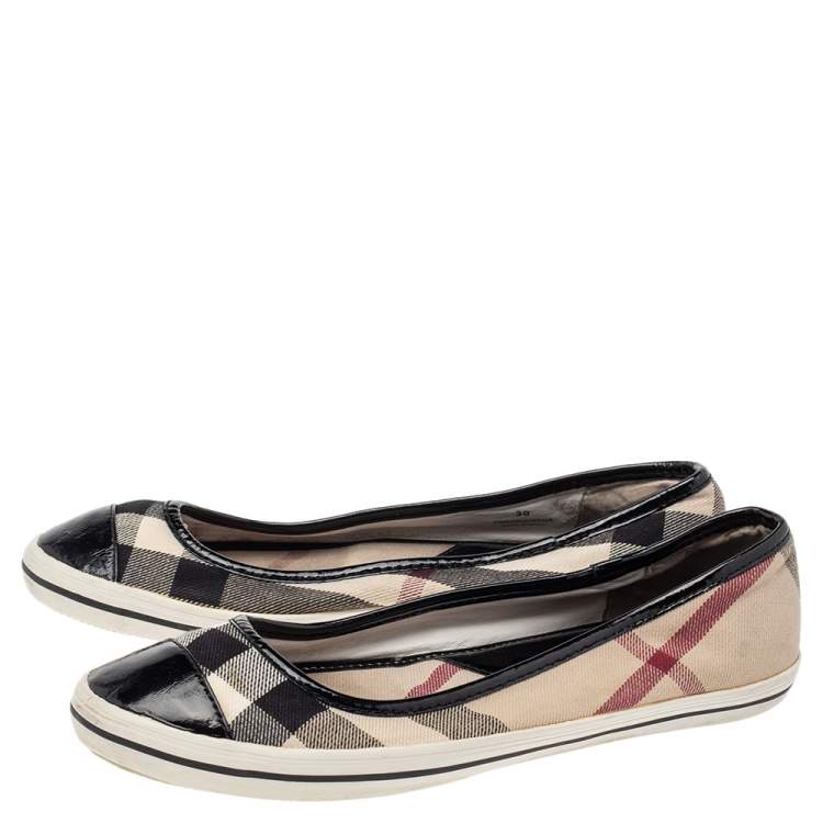 Pre Owned Burberry Multicolor Nova Check Canvas And Patent Leather Cap Toe Ballet Flats Size 39