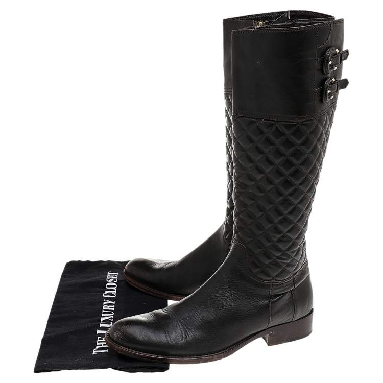 Pre Owned Burberry Brown Quilted Leather Mid Calf Boots Size 38
