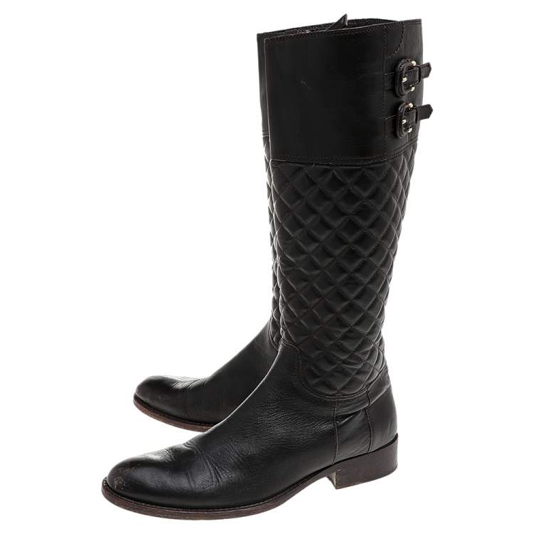 Pre Owned Burberry Brown Quilted Leather Mid Calf Boots Size 38