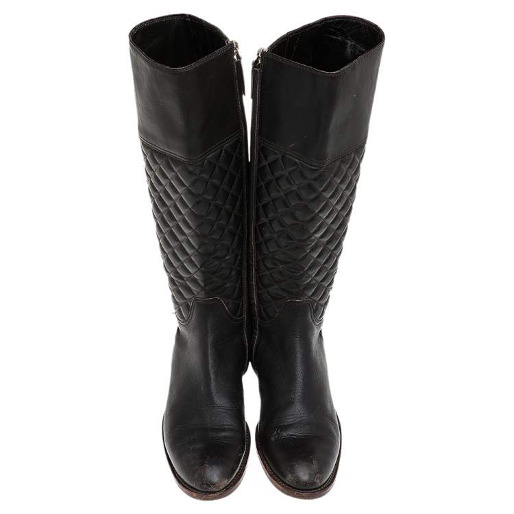 Pre Owned Burberry Brown Quilted Leather Mid Calf Boots Size 38