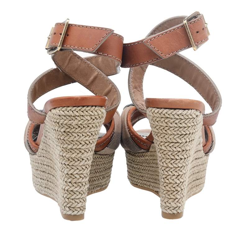 Pre Owned Burberry Brown Leather And Canvas Espadrille Ankle Wrap Wedge Platform Sandals Size 38