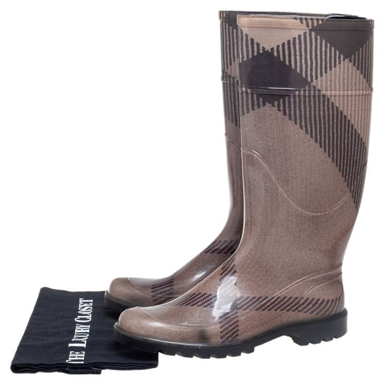 Pre Owned Burberry Grey/Brown Rubber Rain Boots Size 38