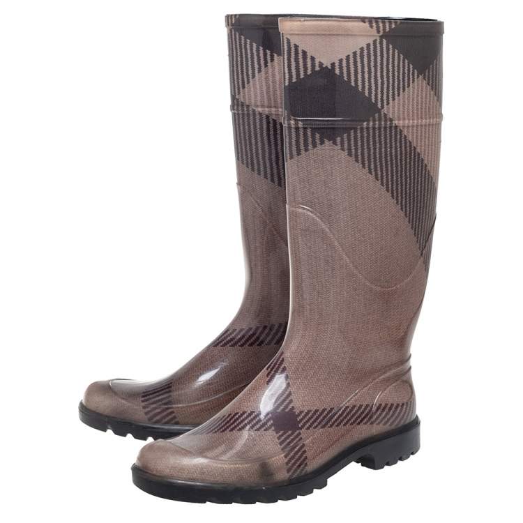 Pre Owned Burberry Grey/Brown Rubber Rain Boots Size 38
